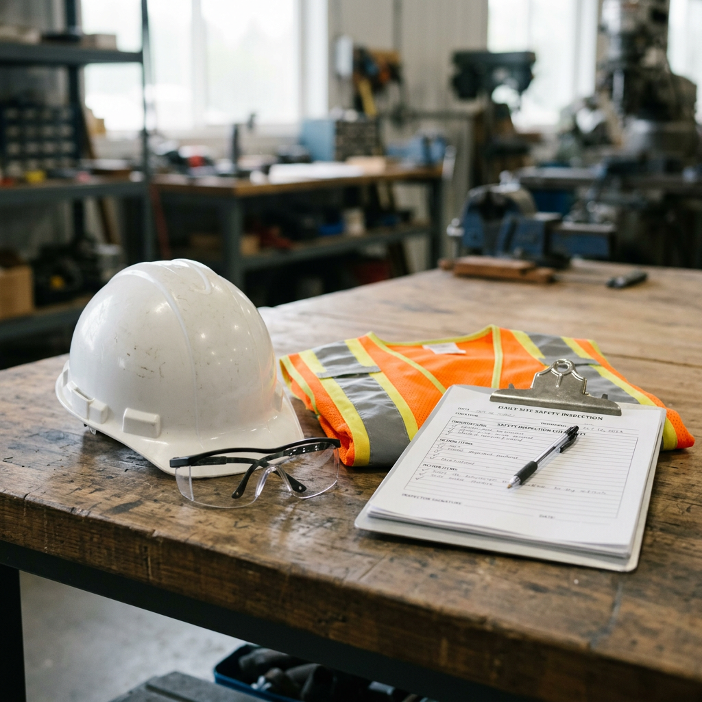 Flash_Close-up portrait of a hard hat and clear safety glasses resting on a meticulously
