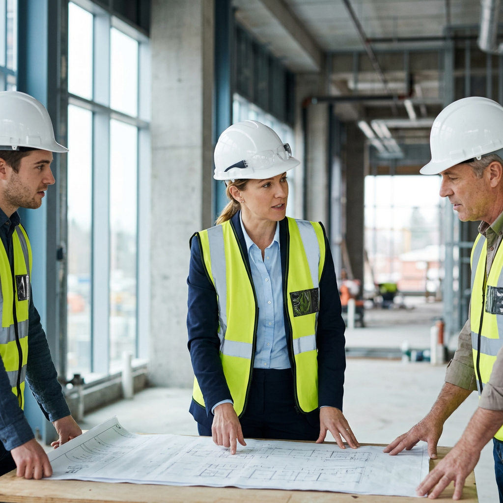 A confident professional woman in her 40s wearing a white hard hat, safety glasses