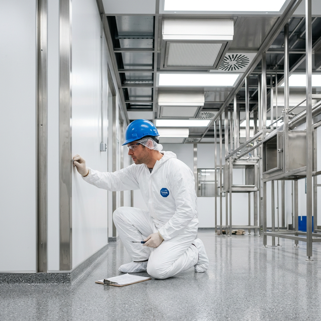 Interior of a modern pharmaceutical cleanroom under construction, showing pristine