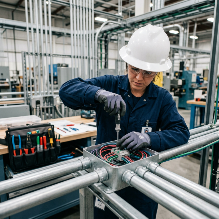 A skilled tradesperson in clean uniform work clothes and a hard hat performing precision electrical work
