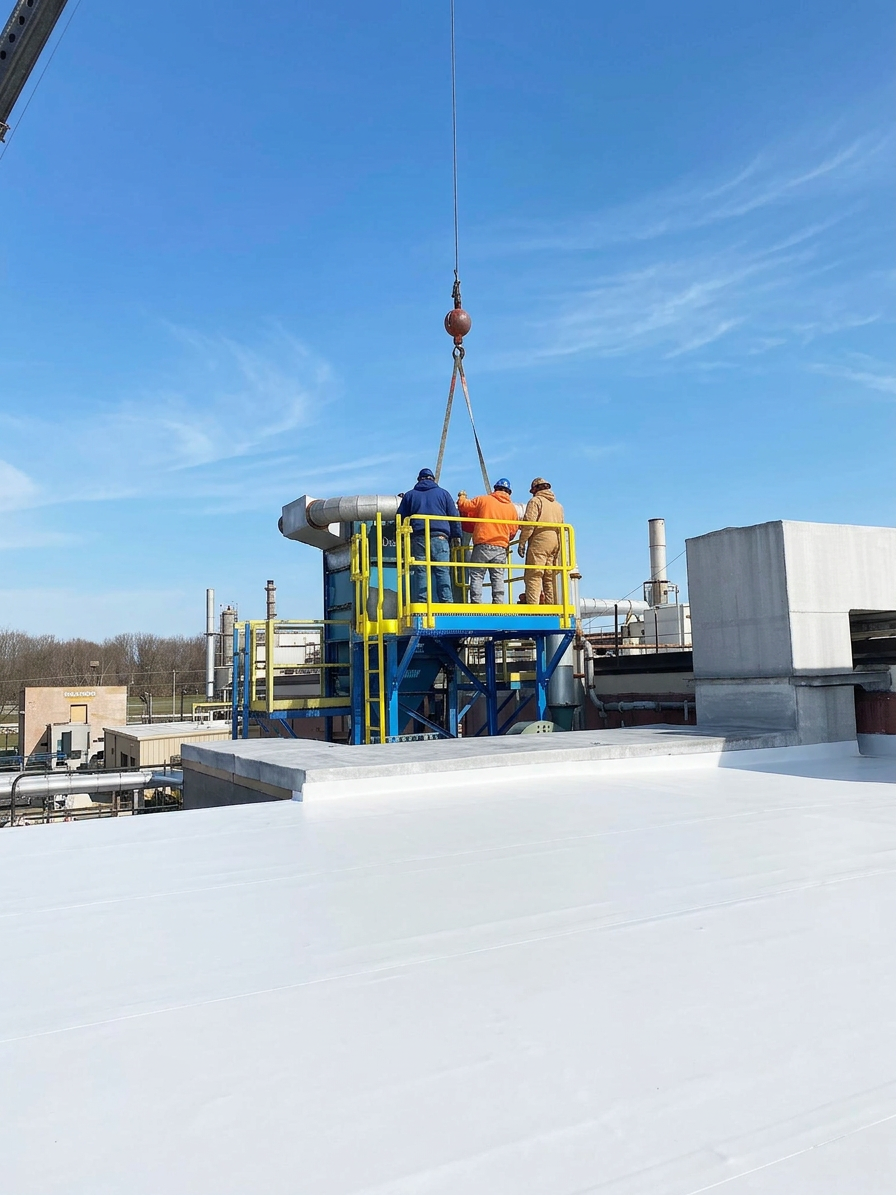 Crew coordinating a rooftop equipment lift
